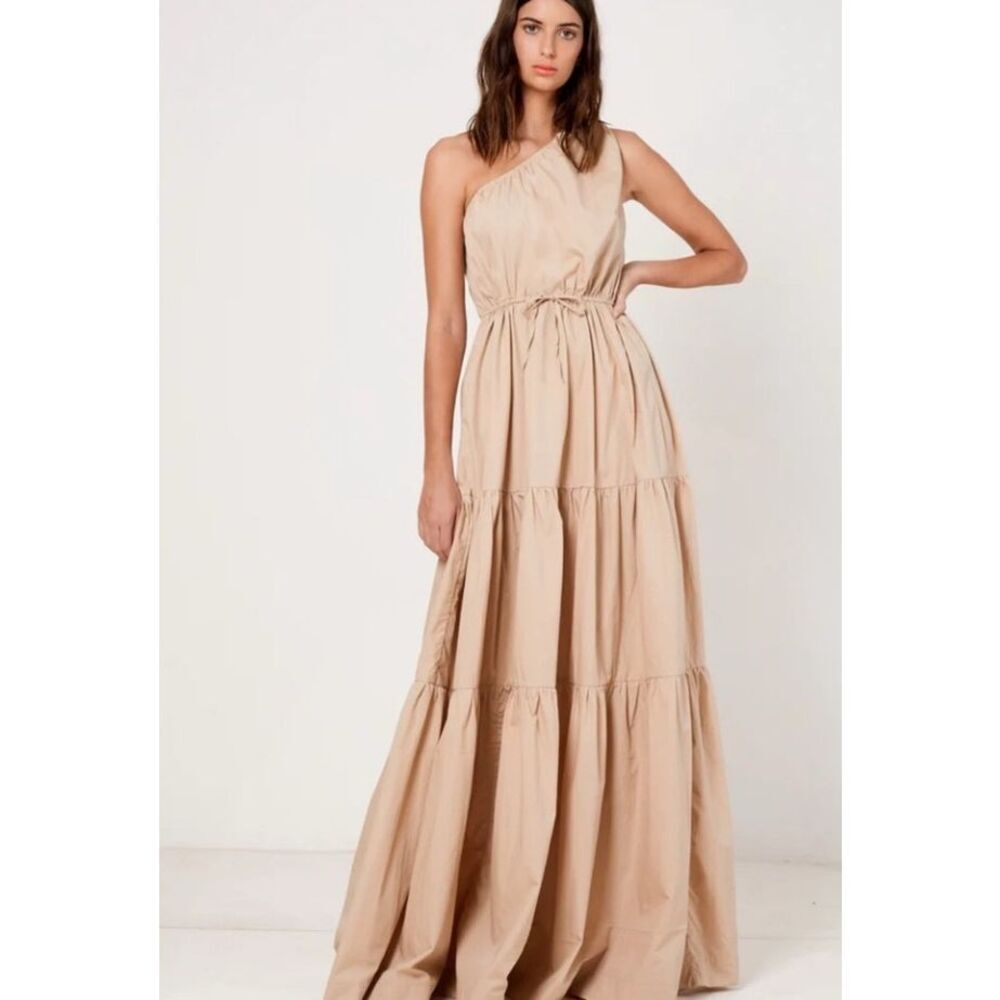 SWF One shoulder Maxi Dress in Tan Vacation Wedding Guest size Brunch  S NWT - Picture 2 of 7
